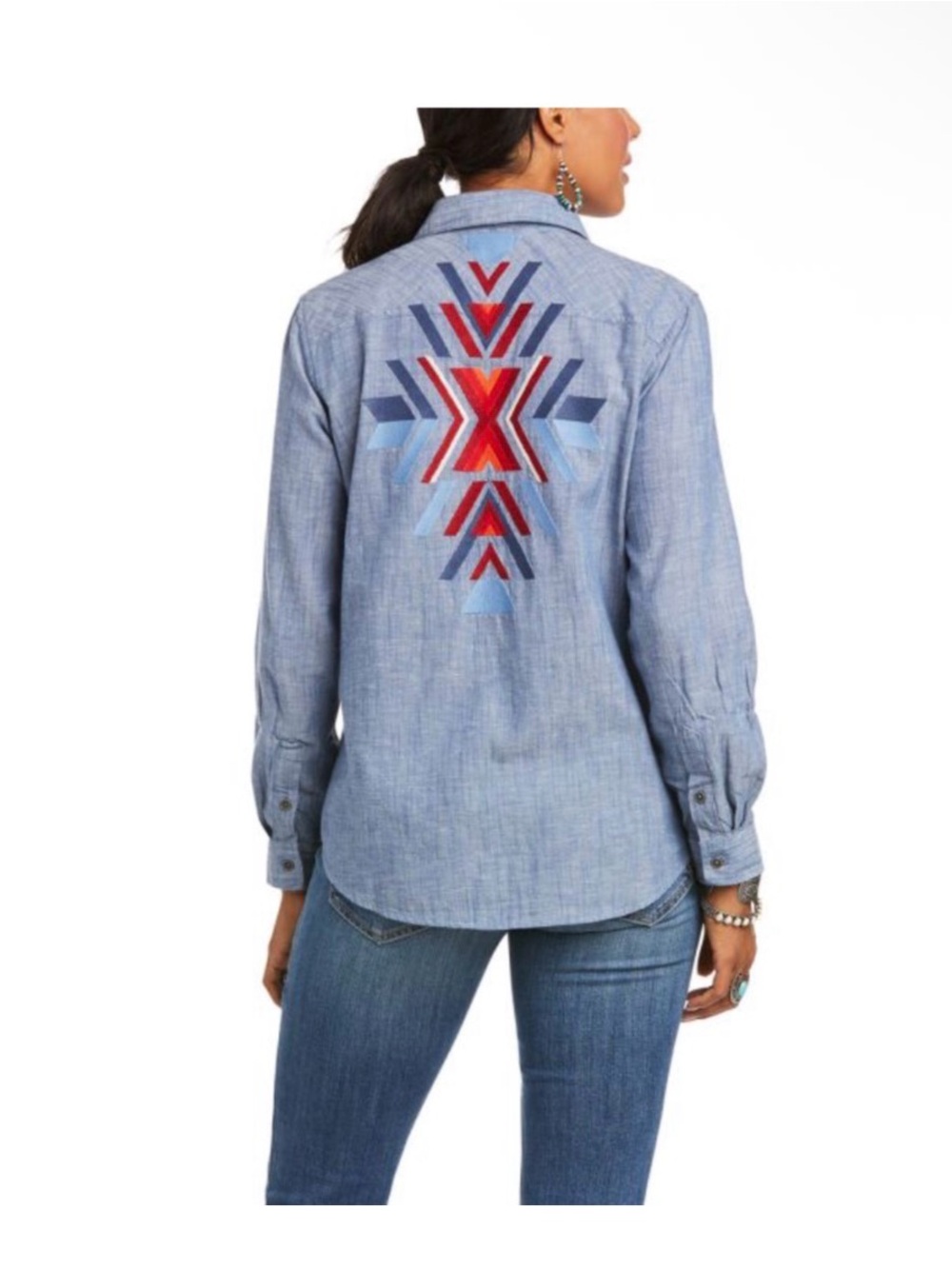 Ariat Embroidered Chambray Shirt - Light Blue with Red Geometric Back XL